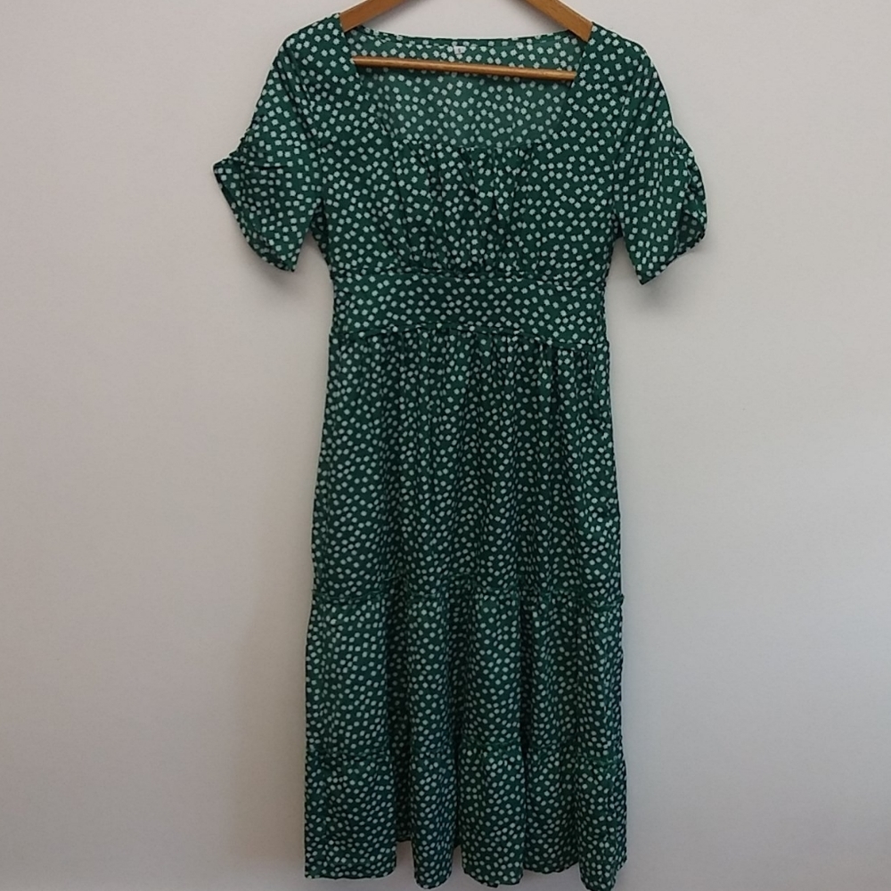 Tiered Emerald Green and White Floral Dress